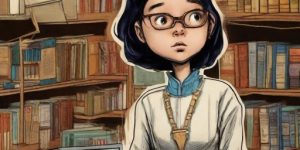 Die Bibliothekarin - dunkelhaarige Frau vor einem Bücherregal (Comic-Version)
