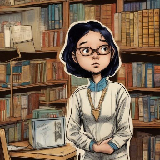 Die Bibliothekarin - dunkelhaarige Frau vor einem Bücherregal (Comic-Version)