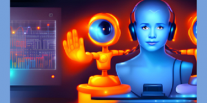 Mit Canvas App Text zu Bild erstellt: Roboter mit Stop-Handhaltung und Büste mit Kopfhörern und davorliegenden Tablet.