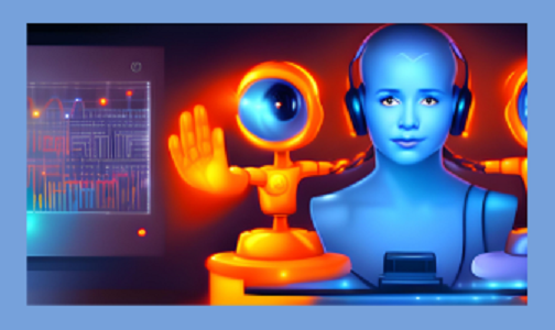 Mit Canvas App Text zu Bild erstellt: Roboter mit Stop-Handhaltung und Büste mit Kopfhörern und davorliegenden Tablet.