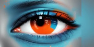 Ausschnitt eines Gesichts mit einem Auge, Farben blau, orange, grau