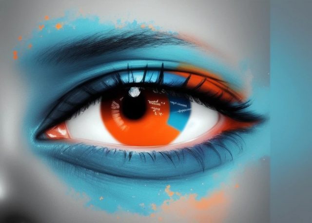 Ausschnitt eines Gesichts mit einem Auge, Farben blau, orange, grau