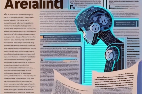 Zeitungsseite, davor zu sehen ist eine Roboter-KI, die aus der Zeitung Artikel herauszieht. Die KI und die Zeitung ist blau hinterlegt.